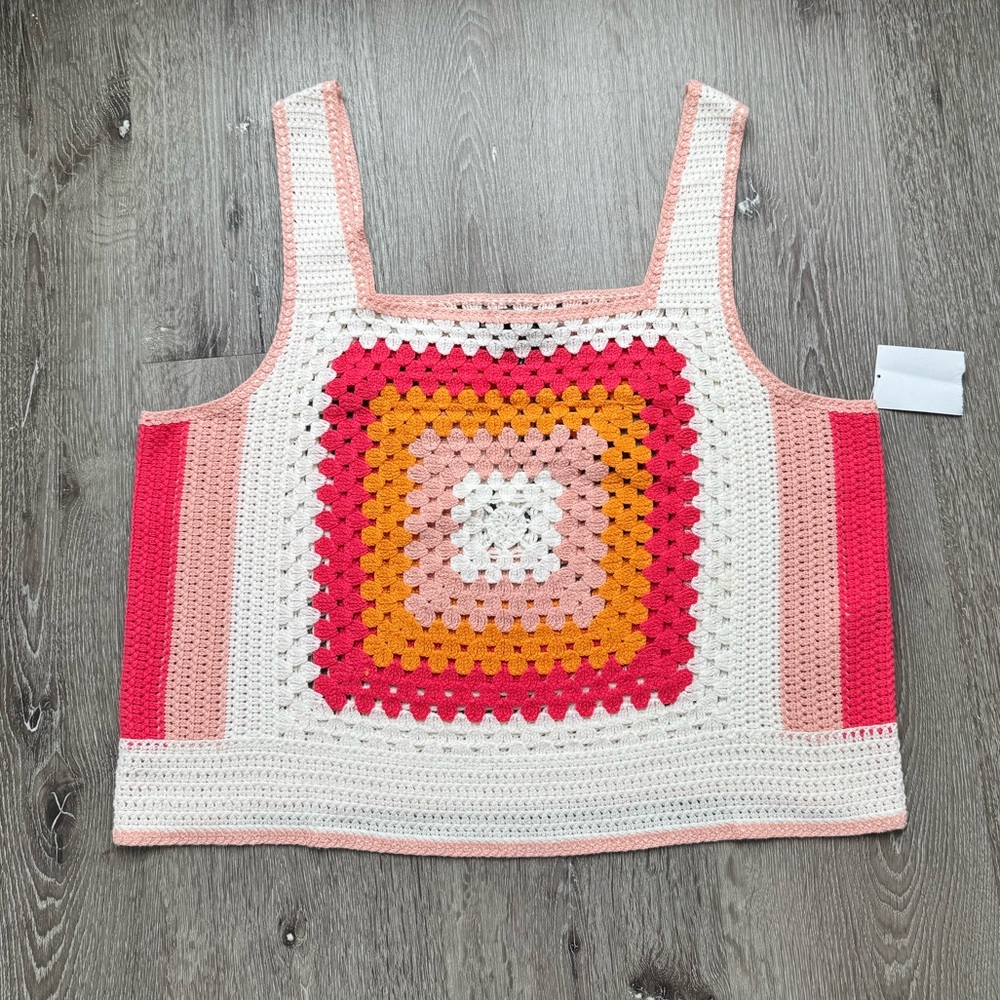 DKNY Jeans Crochet Patchwork Tank Top Pink White Orange Square Knit Size L